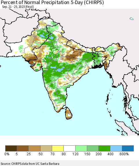 Southern Asia Percent of Normal Precipitation 5-Day (CHIRPS) Thematic Map For 9/21/2023 - 9/25/2023