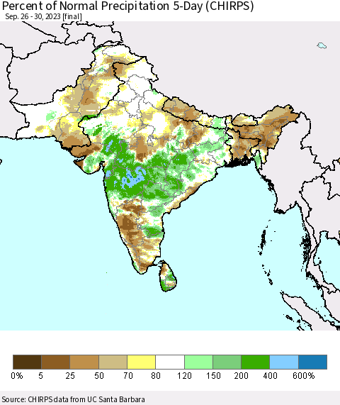 Southern Asia Percent of Normal Precipitation 5-Day (CHIRPS) Thematic Map For 9/26/2023 - 9/30/2023