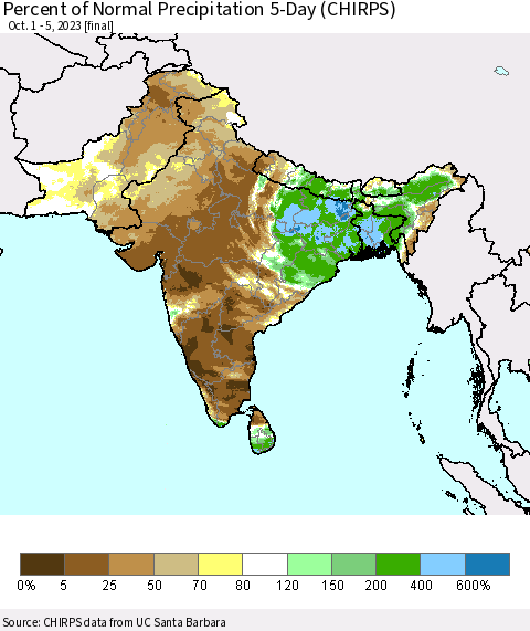 Southern Asia Percent of Normal Precipitation 5-Day (CHIRPS) Thematic Map For 10/1/2023 - 10/5/2023