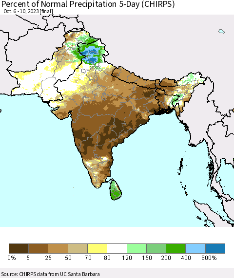 Southern Asia Percent of Normal Precipitation 5-Day (CHIRPS) Thematic Map For 10/6/2023 - 10/10/2023