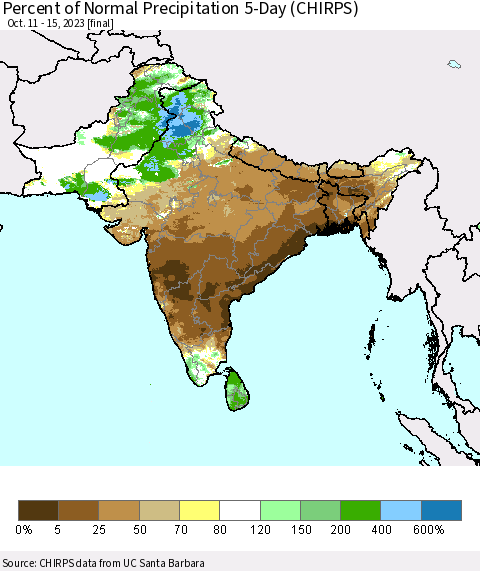 Southern Asia Percent of Normal Precipitation 5-Day (CHIRPS) Thematic Map For 10/11/2023 - 10/15/2023
