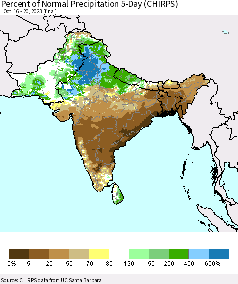 Southern Asia Percent of Normal Precipitation 5-Day (CHIRPS) Thematic Map For 10/16/2023 - 10/20/2023