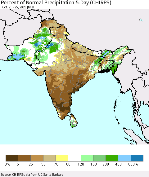 Southern Asia Percent of Normal Precipitation 5-Day (CHIRPS) Thematic Map For 10/21/2023 - 10/25/2023