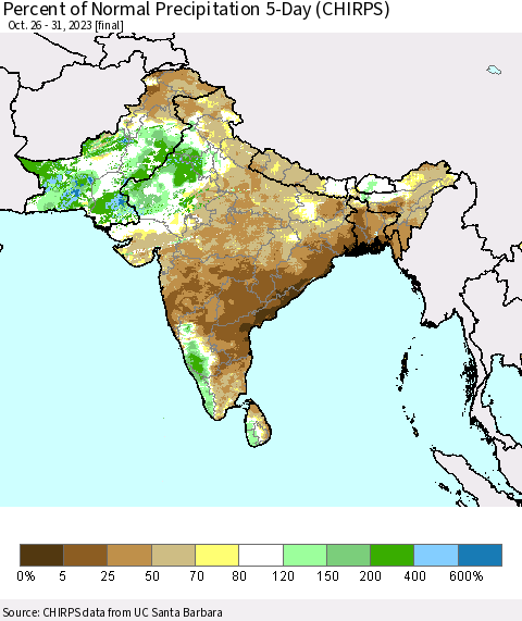 Southern Asia Percent of Normal Precipitation 5-Day (CHIRPS) Thematic Map For 10/26/2023 - 10/31/2023