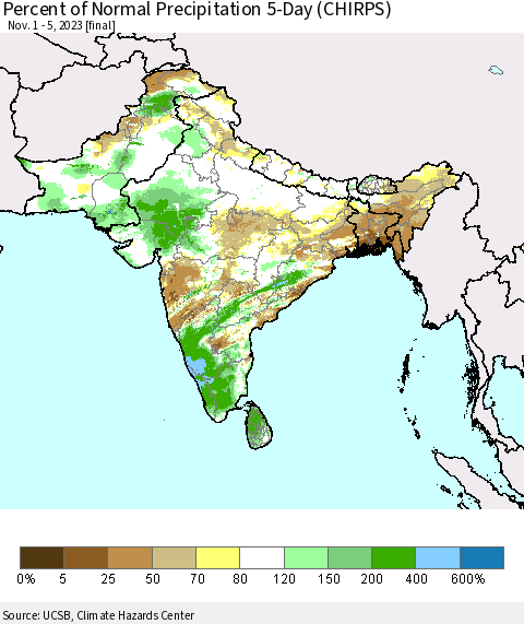 Southern Asia Percent of Normal Precipitation 5-Day (CHIRPS) Thematic Map For 11/1/2023 - 11/5/2023