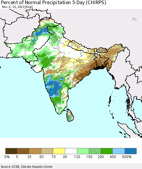 Southern Asia Percent of Normal Precipitation 5-Day (CHIRPS) Thematic Map For 11/6/2023 - 11/10/2023