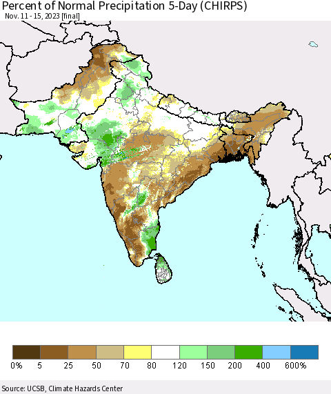 Southern Asia Percent of Normal Precipitation 5-Day (CHIRPS) Thematic Map For 11/11/2023 - 11/15/2023