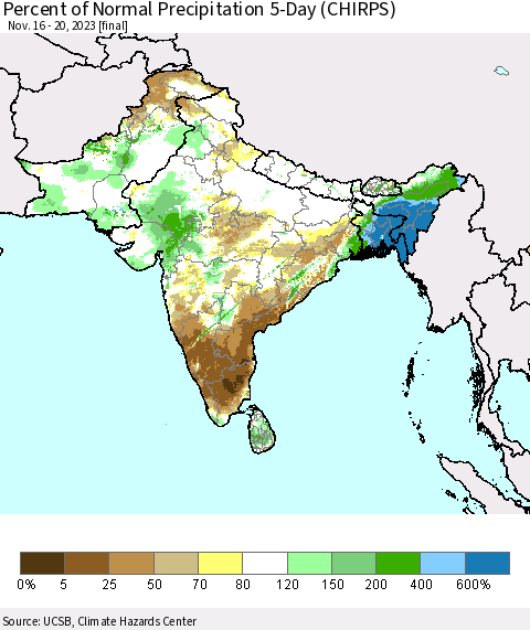 Southern Asia Percent of Normal Precipitation 5-Day (CHIRPS) Thematic Map For 11/16/2023 - 11/20/2023