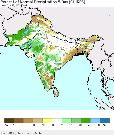 Southern Asia Percent of Normal Precipitation 5-Day (CHIRPS) Thematic Map For 11/21/2023 - 11/25/2023