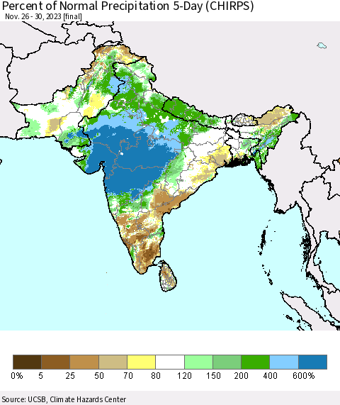 Southern Asia Percent of Normal Precipitation 5-Day (CHIRPS) Thematic Map For 11/26/2023 - 11/30/2023