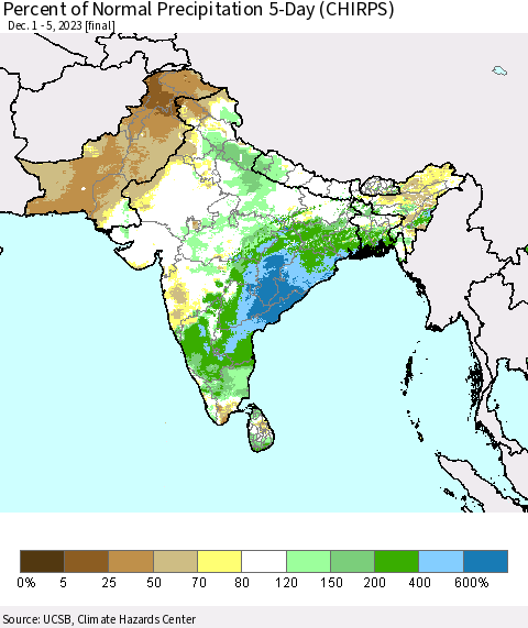 Southern Asia Percent of Normal Precipitation 5-Day (CHIRPS) Thematic Map For 12/1/2023 - 12/5/2023