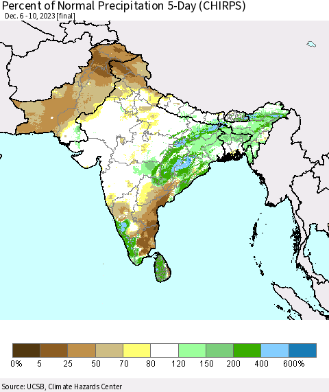 Southern Asia Percent of Normal Precipitation 5-Day (CHIRPS) Thematic Map For 12/6/2023 - 12/10/2023