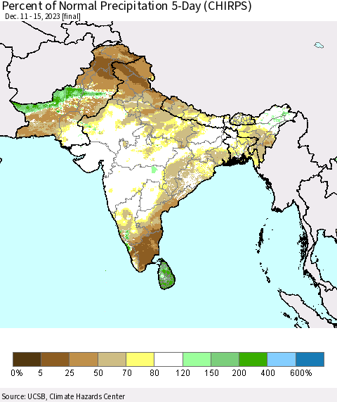 Southern Asia Percent of Normal Precipitation 5-Day (CHIRPS) Thematic Map For 12/11/2023 - 12/15/2023