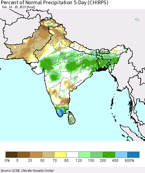 Southern Asia Percent of Normal Precipitation 5-Day (CHIRPS) Thematic Map For 12/16/2023 - 12/20/2023