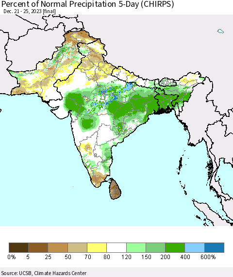Southern Asia Percent of Normal Precipitation 5-Day (CHIRPS) Thematic Map For 12/21/2023 - 12/25/2023