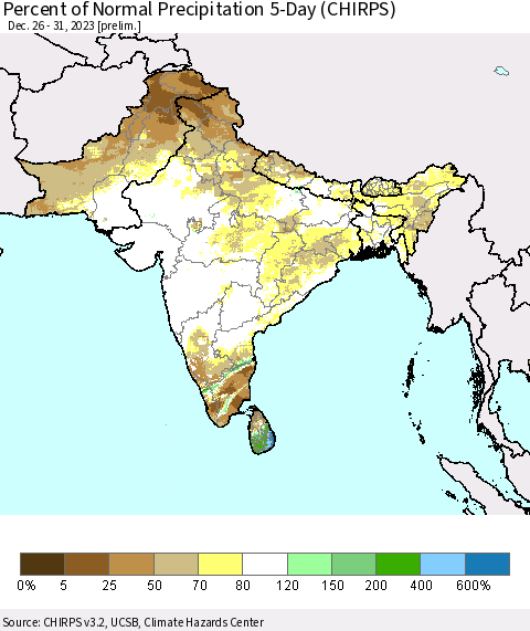 Southern Asia Percent of Normal Precipitation 5-Day (CHIRPS) Thematic Map For 12/26/2023 - 12/31/2023