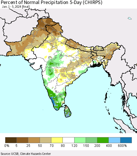 Southern Asia Percent of Normal Precipitation 5-Day (CHIRPS) Thematic Map For 1/1/2024 - 1/5/2024