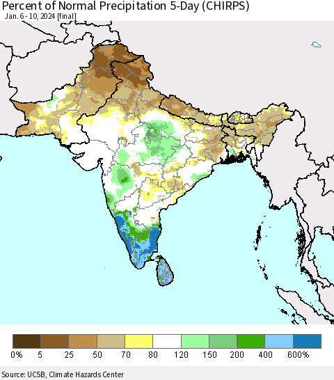Southern Asia Percent of Normal Precipitation 5-Day (CHIRPS) Thematic Map For 1/6/2024 - 1/10/2024