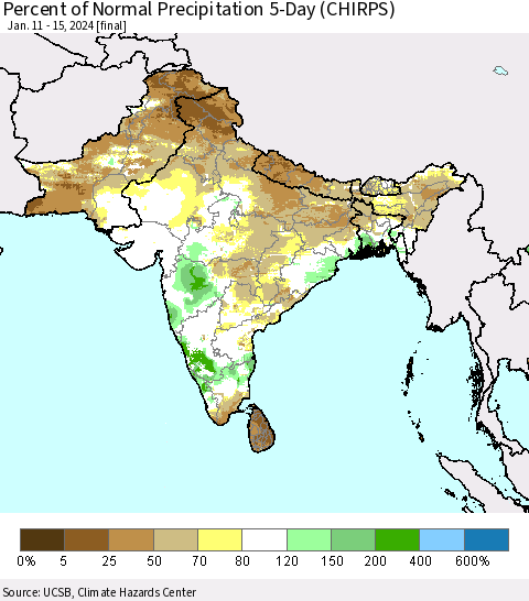 Southern Asia Percent of Normal Precipitation 5-Day (CHIRPS) Thematic Map For 1/11/2024 - 1/15/2024