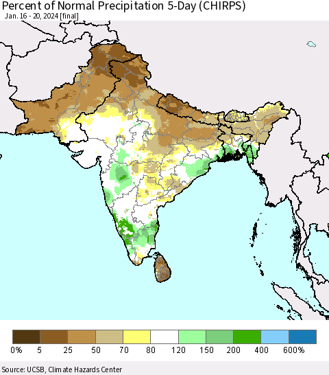 Southern Asia Percent of Normal Precipitation 5-Day (CHIRPS) Thematic Map For 1/16/2024 - 1/20/2024