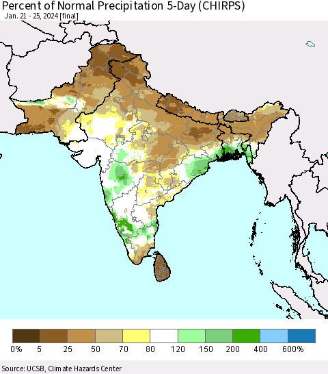 Southern Asia Percent of Normal Precipitation 5-Day (CHIRPS) Thematic Map For 1/21/2024 - 1/25/2024