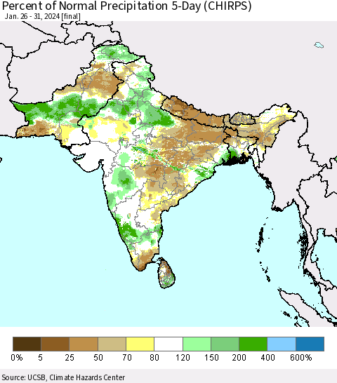 Southern Asia Percent of Normal Precipitation 5-Day (CHIRPS) Thematic Map For 1/26/2024 - 1/31/2024