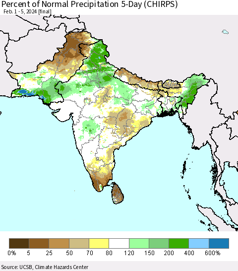 Southern Asia Percent of Normal Precipitation 5-Day (CHIRPS) Thematic Map For 2/1/2024 - 2/5/2024
