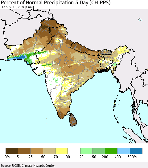 Southern Asia Percent of Normal Precipitation 5-Day (CHIRPS) Thematic Map For 2/6/2024 - 2/10/2024