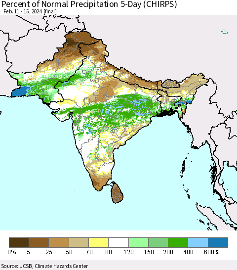 Southern Asia Percent of Normal Precipitation 5-Day (CHIRPS) Thematic Map For 2/11/2024 - 2/15/2024