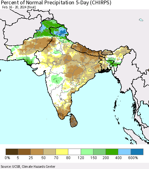 Southern Asia Percent of Normal Precipitation 5-Day (CHIRPS) Thematic Map For 2/16/2024 - 2/20/2024