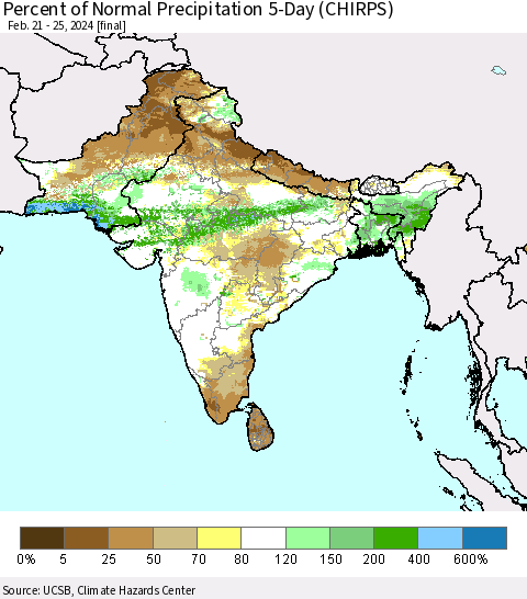 Southern Asia Percent of Normal Precipitation 5-Day (CHIRPS) Thematic Map For 2/21/2024 - 2/25/2024