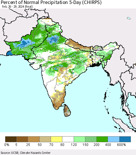 Southern Asia Percent of Normal Precipitation 5-Day (CHIRPS) Thematic Map For 2/26/2024 - 2/29/2024