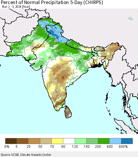 Southern Asia Percent of Normal Precipitation 5-Day (CHIRPS) Thematic Map For 3/1/2024 - 3/5/2024