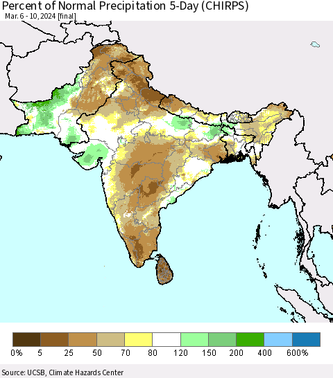 Southern Asia Percent of Normal Precipitation 5-Day (CHIRPS) Thematic Map For 3/6/2024 - 3/10/2024