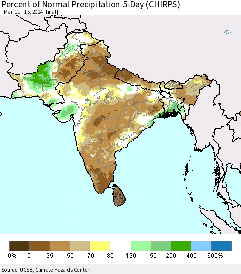 Southern Asia Percent of Normal Precipitation 5-Day (CHIRPS) Thematic Map For 3/11/2024 - 3/15/2024