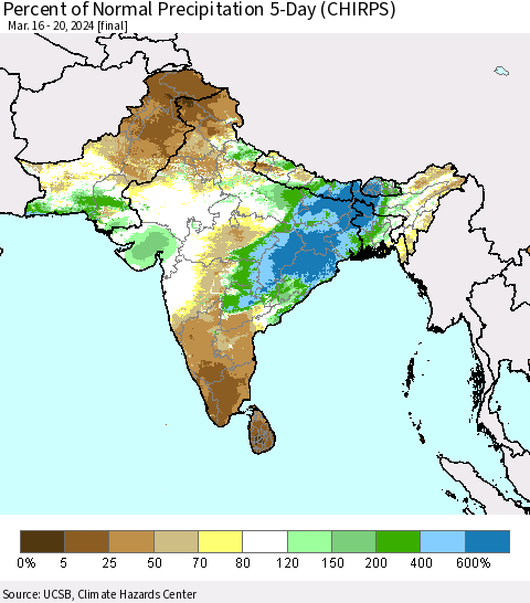 Southern Asia Percent of Normal Precipitation 5-Day (CHIRPS) Thematic Map For 3/16/2024 - 3/20/2024
