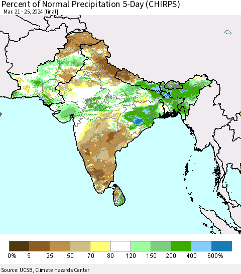 Southern Asia Percent of Normal Precipitation 5-Day (CHIRPS) Thematic Map For 3/21/2024 - 3/25/2024