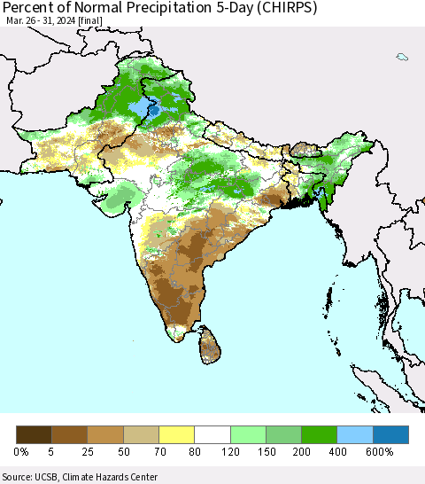 Southern Asia Percent of Normal Precipitation 5-Day (CHIRPS) Thematic Map For 3/26/2024 - 3/31/2024