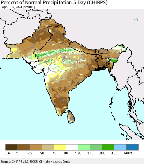 Southern Asia Percent of Normal Precipitation 5-Day (CHIRPS) Thematic Map For 4/1/2024 - 4/5/2024