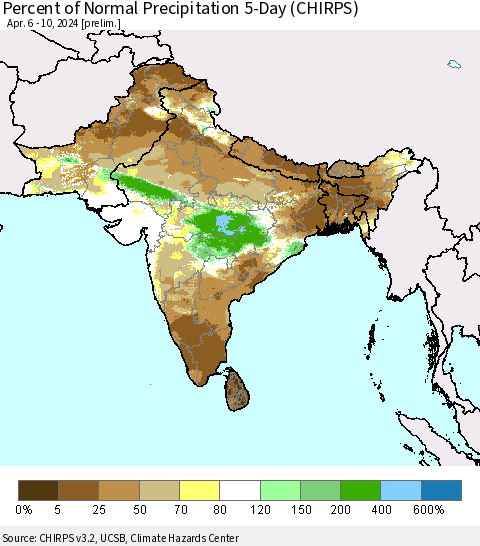 Southern Asia Percent of Normal Precipitation 5-Day (CHIRPS) Thematic Map For 4/6/2024 - 4/10/2024