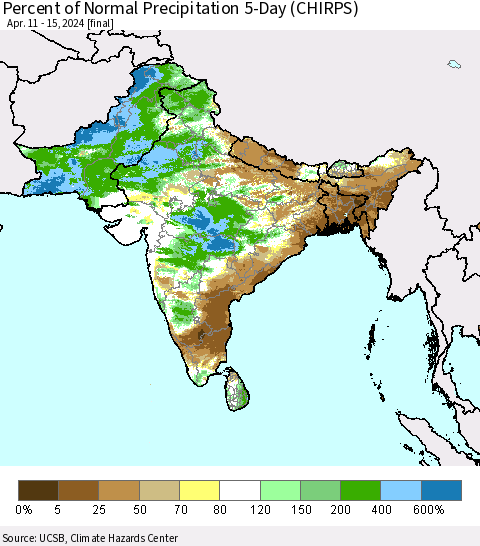 Southern Asia Percent of Normal Precipitation 5-Day (CHIRPS) Thematic Map For 4/11/2024 - 4/15/2024