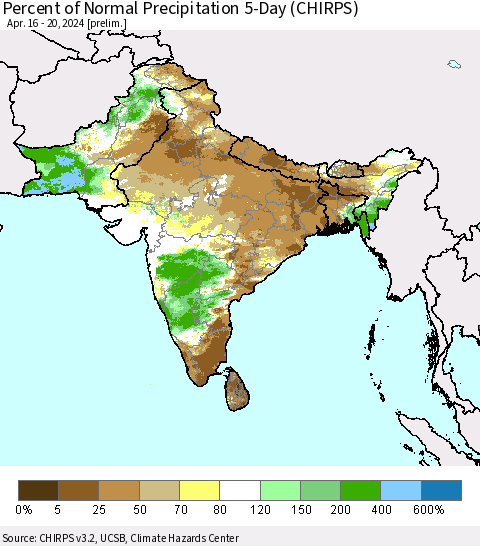 Southern Asia Percent of Normal Precipitation 5-Day (CHIRPS) Thematic Map For 4/16/2024 - 4/20/2024