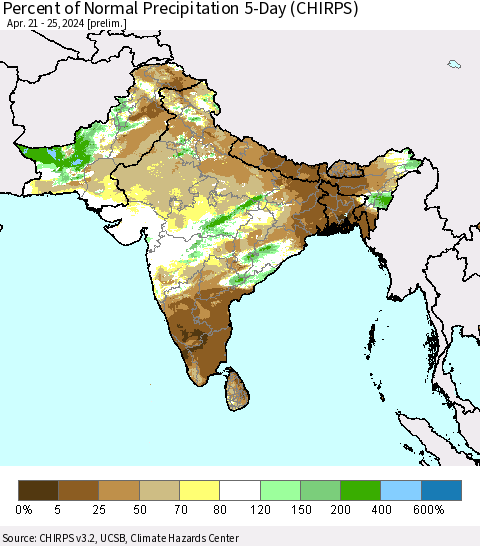 Southern Asia Percent of Normal Precipitation 5-Day (CHIRPS) Thematic Map For 4/21/2024 - 4/25/2024