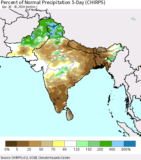 Southern Asia Percent of Normal Precipitation 5-Day (CHIRPS) Thematic Map For 4/26/2024 - 4/30/2024