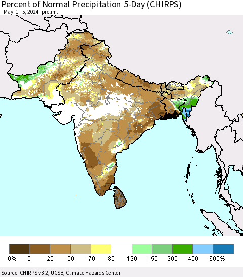 Southern Asia Percent of Normal Precipitation 5-Day (CHIRPS) Thematic Map For 5/1/2024 - 5/5/2024