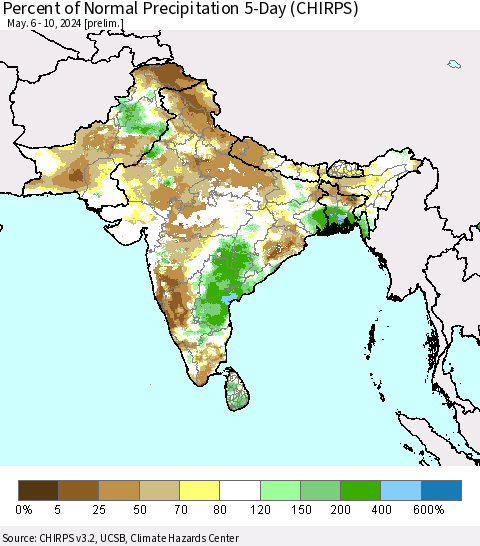 Southern Asia Percent of Normal Precipitation 5-Day (CHIRPS) Thematic Map For 5/6/2024 - 5/10/2024