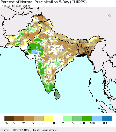 Southern Asia Percent of Normal Precipitation 5-Day (CHIRPS) Thematic Map For 5/11/2024 - 5/15/2024