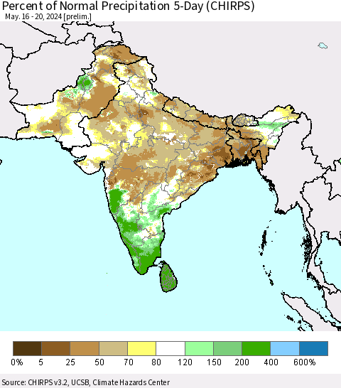 Southern Asia Percent of Normal Precipitation 5-Day (CHIRPS) Thematic Map For 5/16/2024 - 5/20/2024