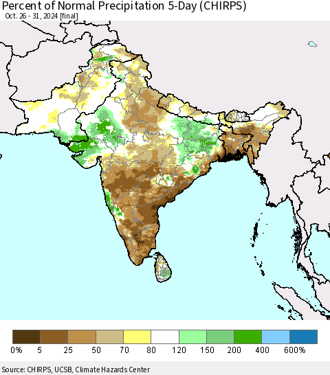 Southern Asia Percent of Normal Precipitation 5-Day (CHIRPS) Thematic Map For 10/26/2024 - 10/31/2024