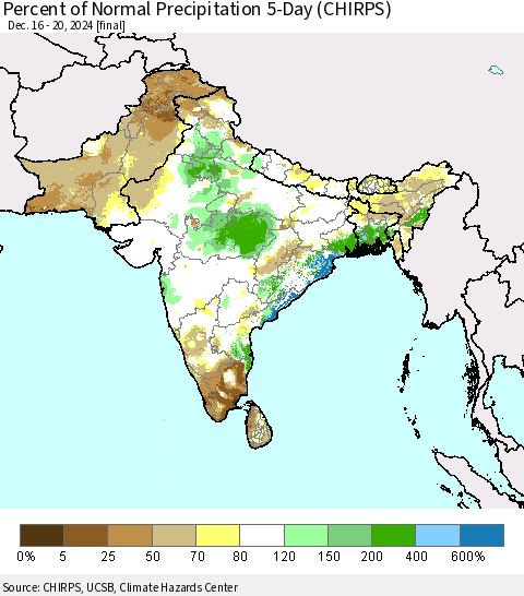 Southern Asia Percent of Normal Precipitation 5-Day (CHIRPS) Thematic Map For 12/16/2024 - 12/20/2024